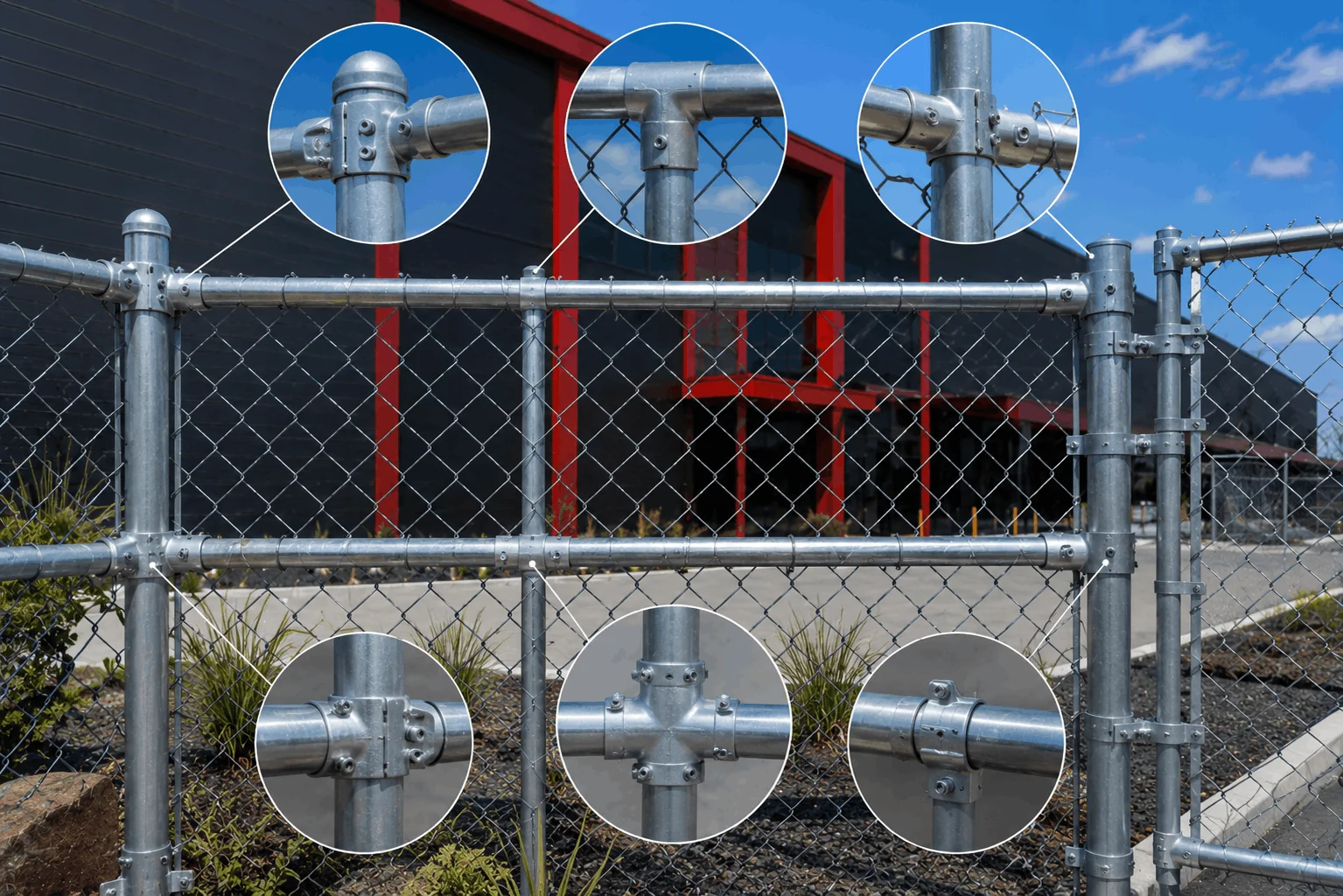 Chainwire fence fittings including tee fittings, corner fittings, and connectors.