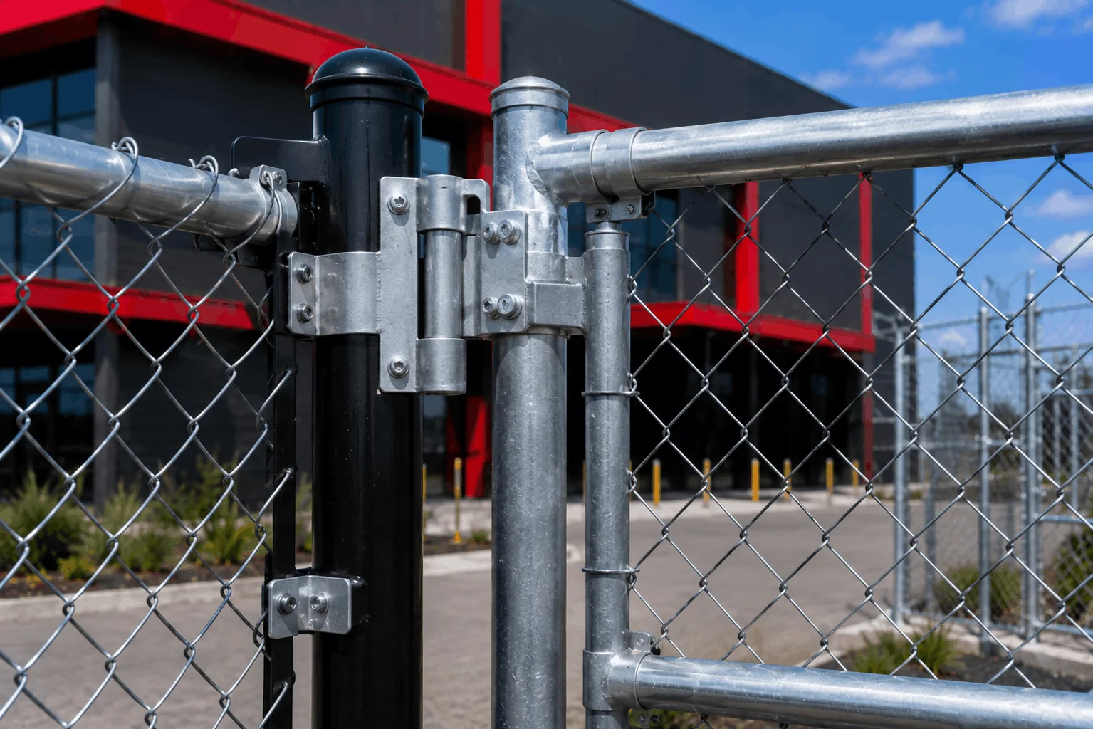 Chainwire gate hinges installed on commercial chainwire gate.