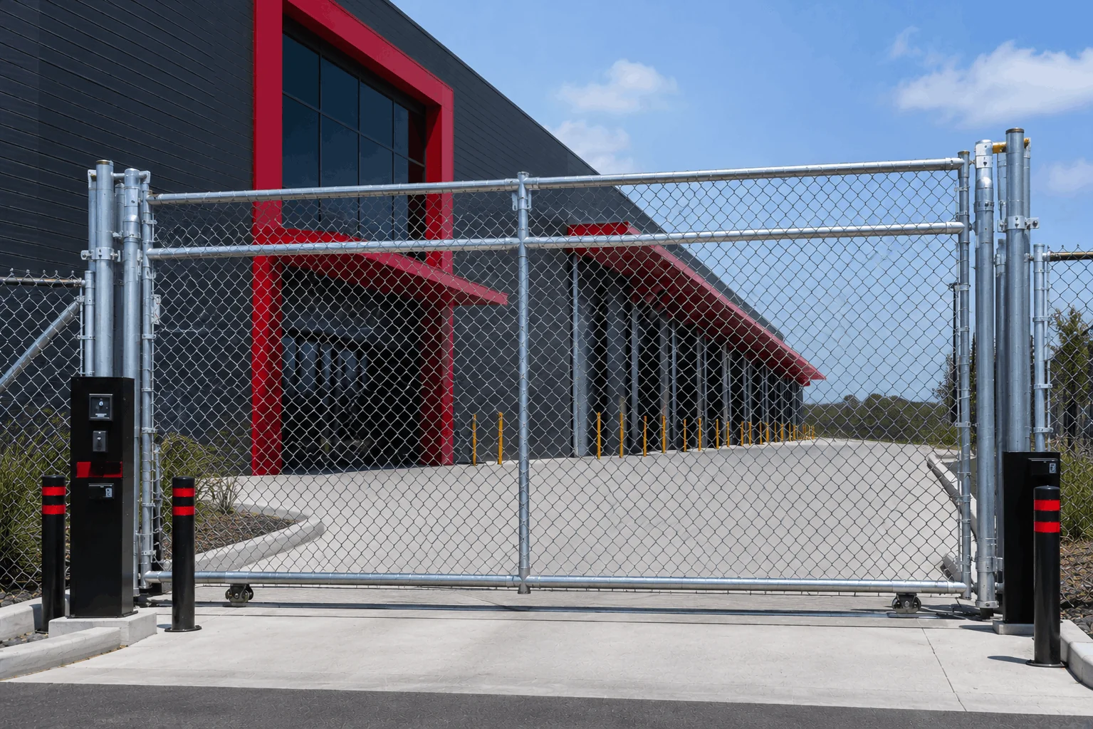 Commercial chainwire gate providing secure access to industrial property.