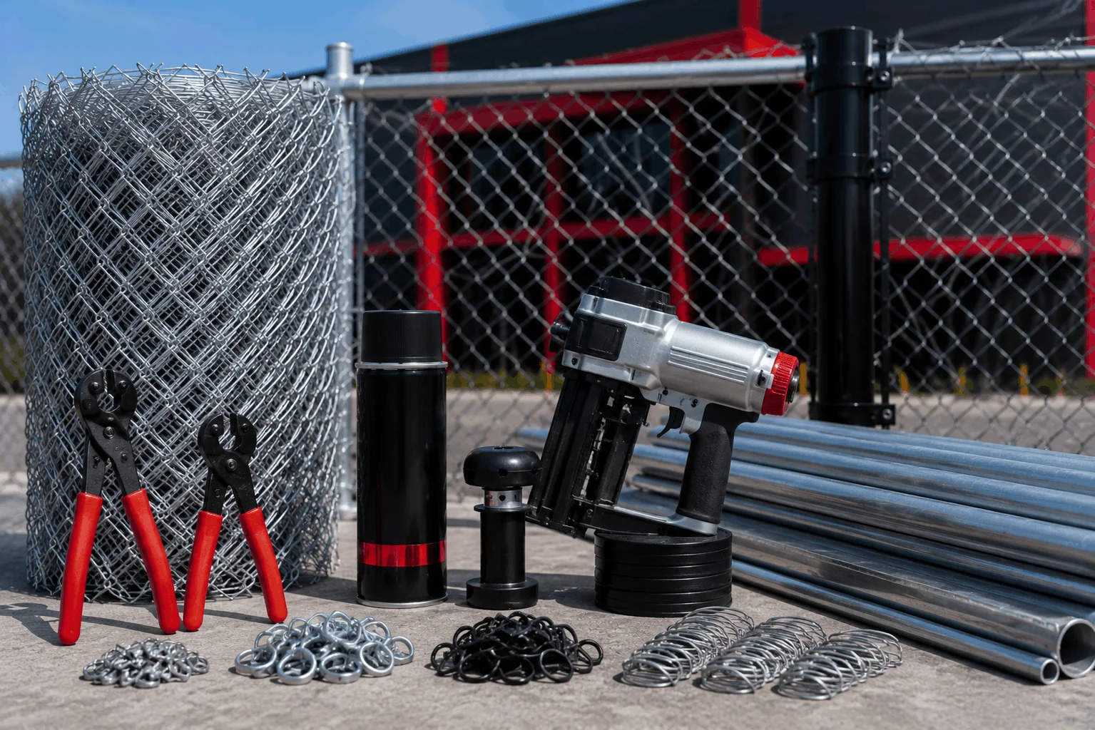 Fencing accessories for chain link fence system installation and maintenance.
