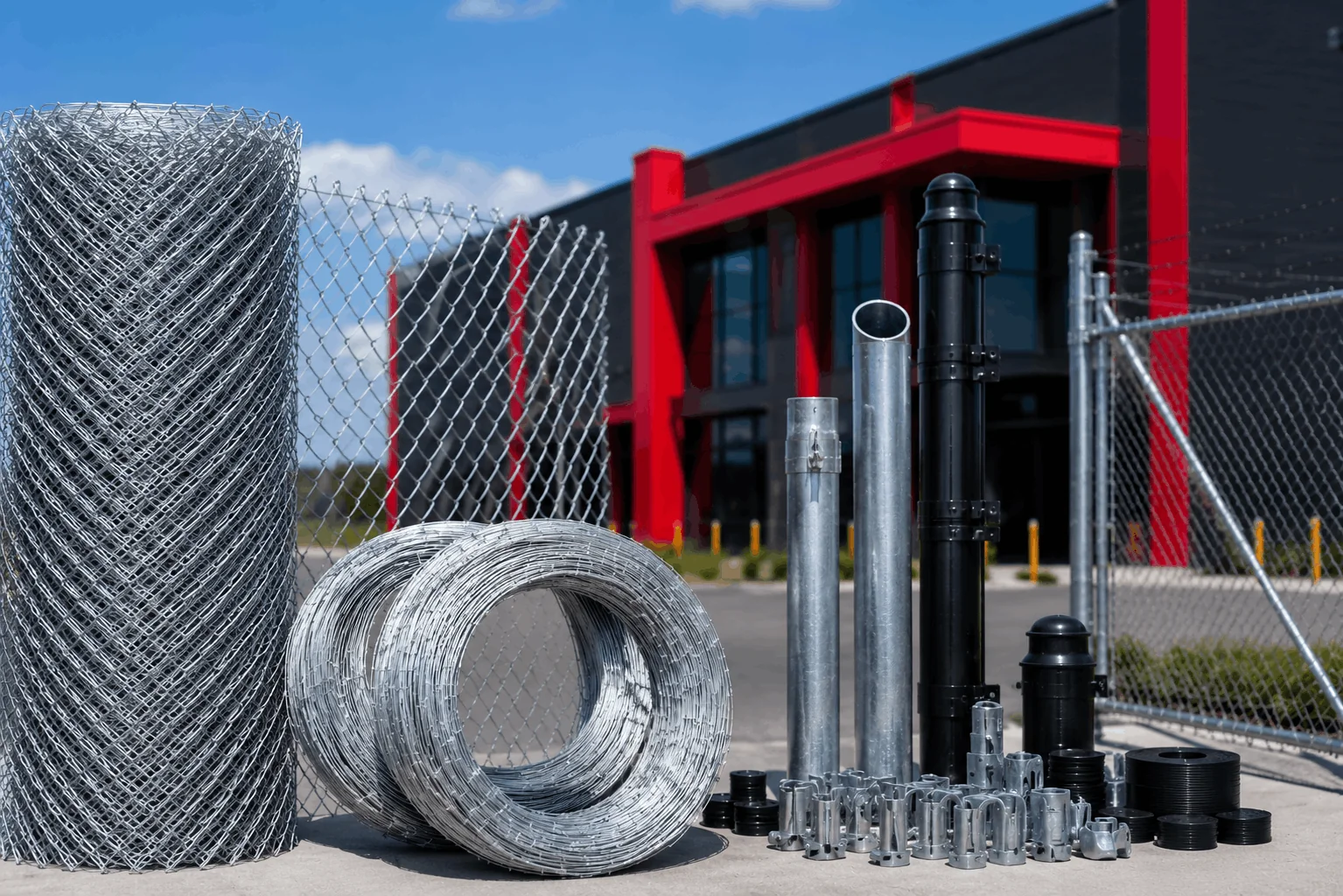 Helicoil wire and chain link mesh components for security fencing systems.