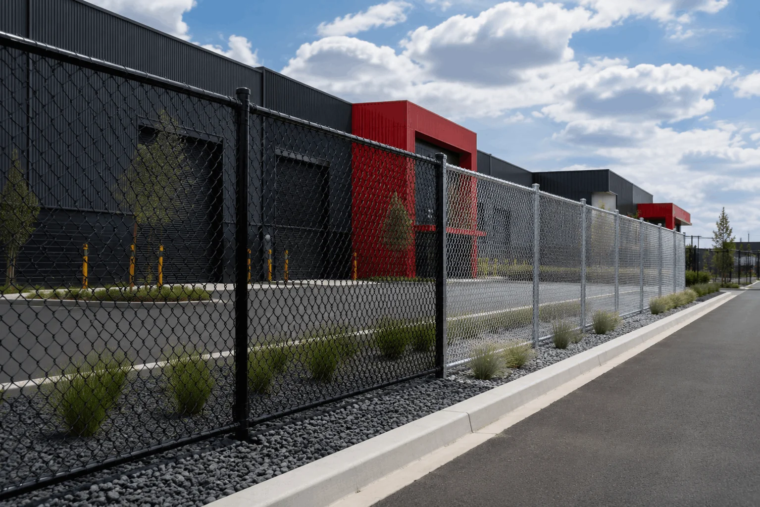 Black PVC chain mesh and galvanised mesh security fencing comparison