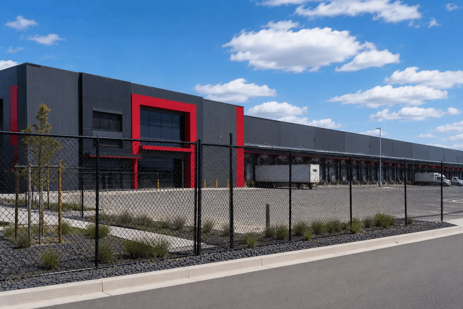Logistics facility fencing with chain link mesh security system