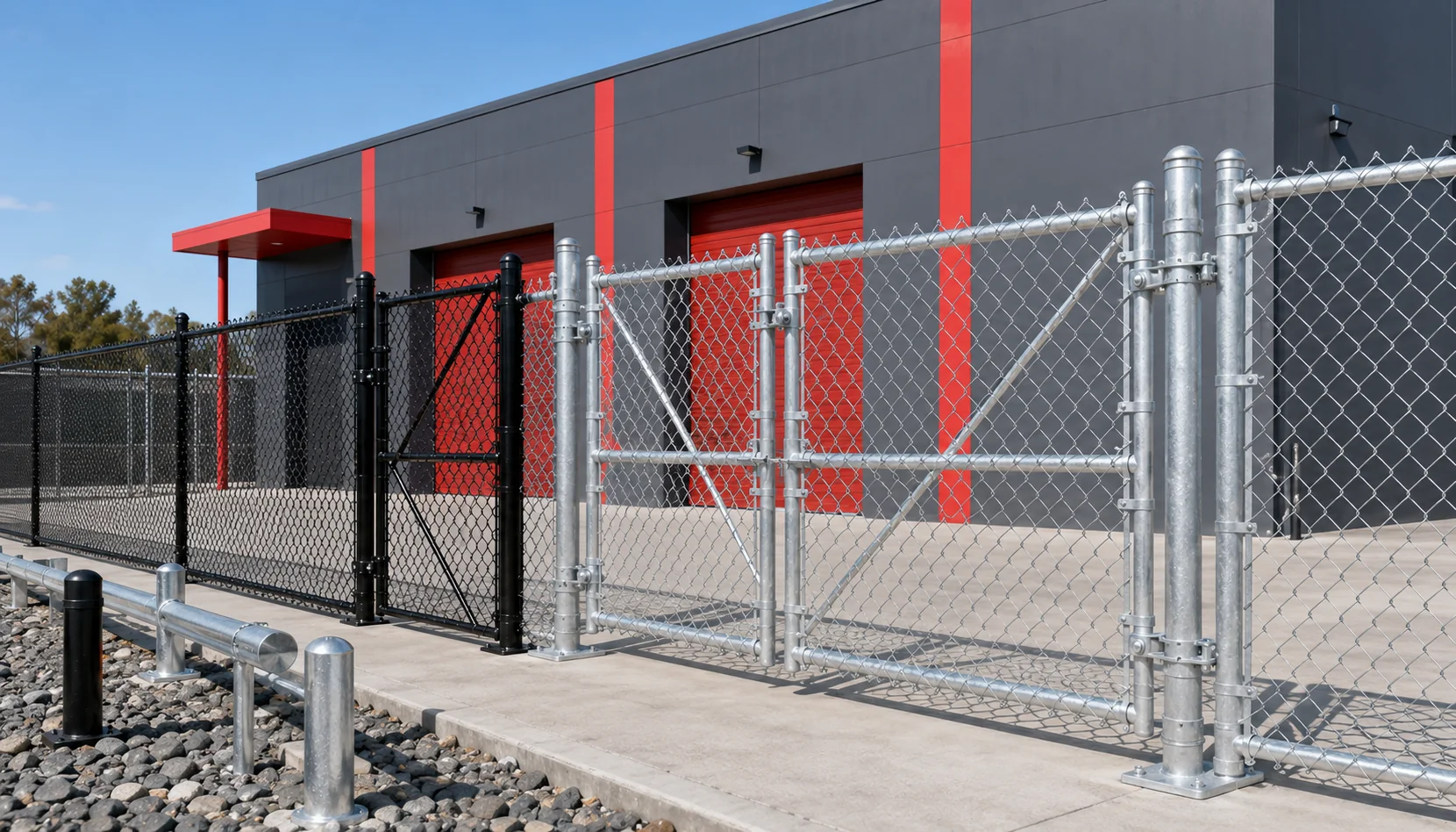 Black powder-coated and galvanised chainwire gates installed outside an industrial building.