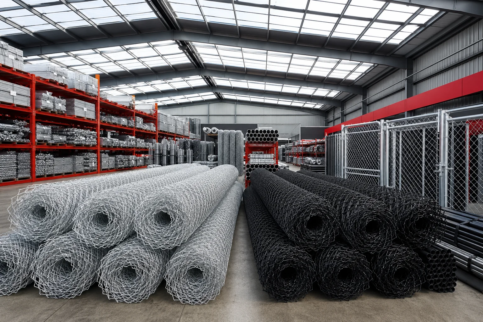 Black and galvanised chainwire mesh rolls stored inside a commercial fencing warehouse.