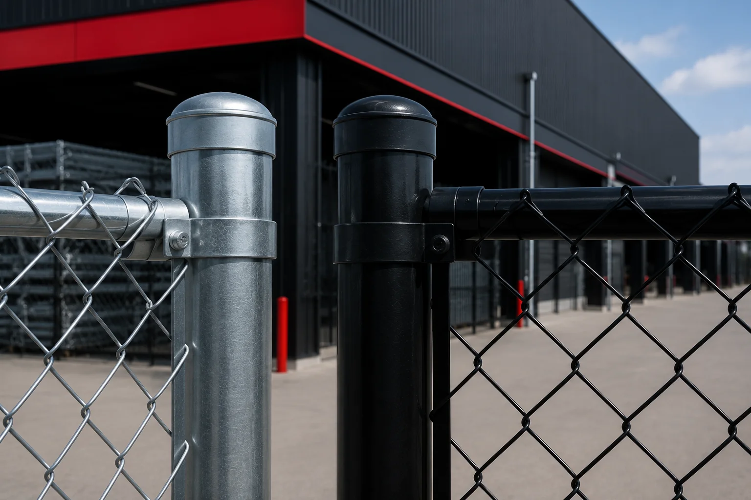 Close-up comparison of black powder-coated and galvanised chainwire fence posts.