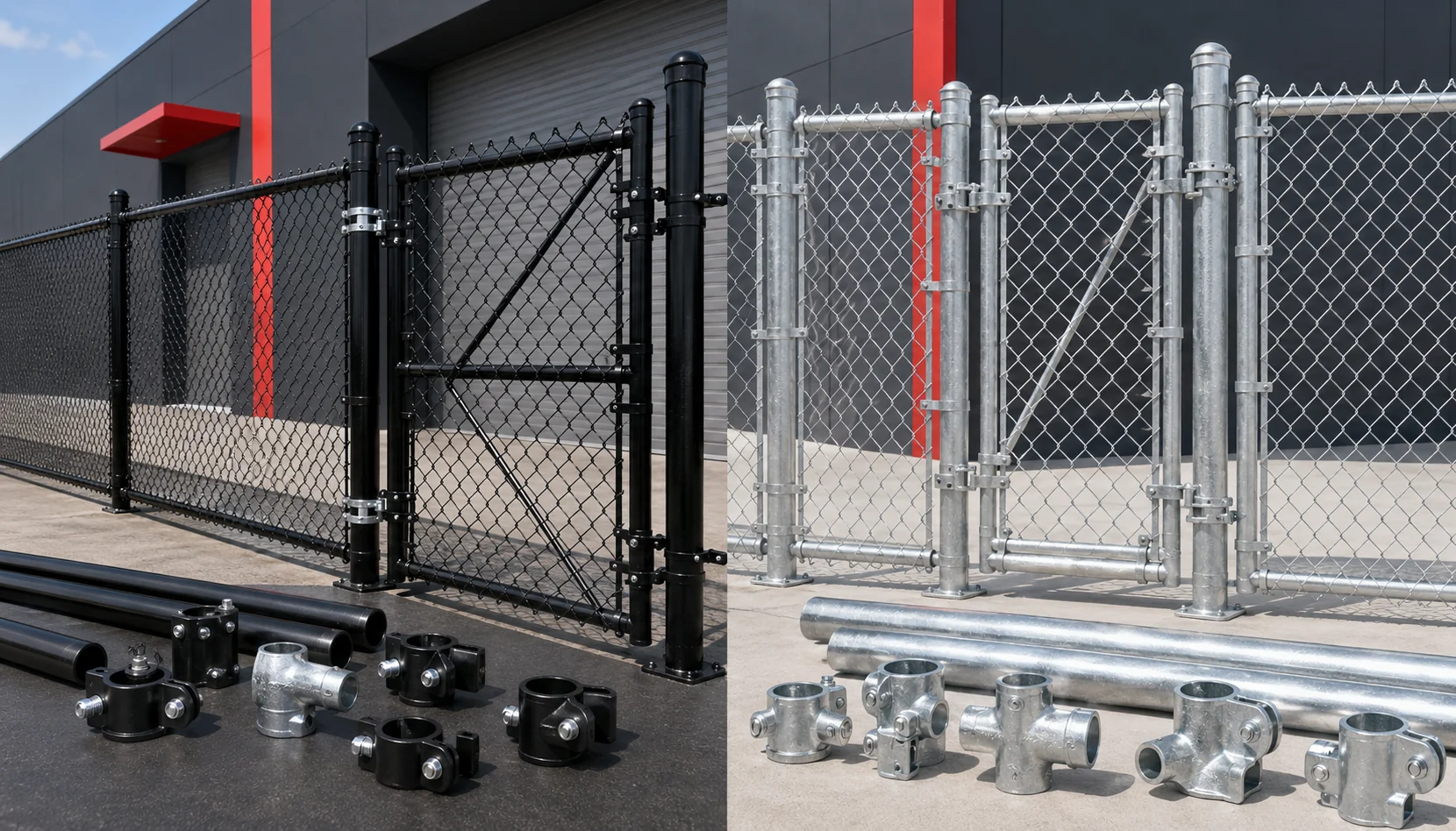 Comparison of black powder-coated and galvanised chainwire gates with matching fence hardware.