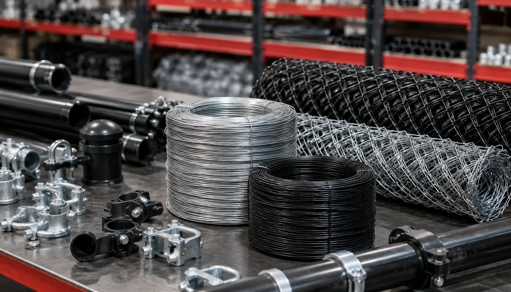 Chainwire fencing wire, posts, clamps, and fittings displayed on a workshop bench.