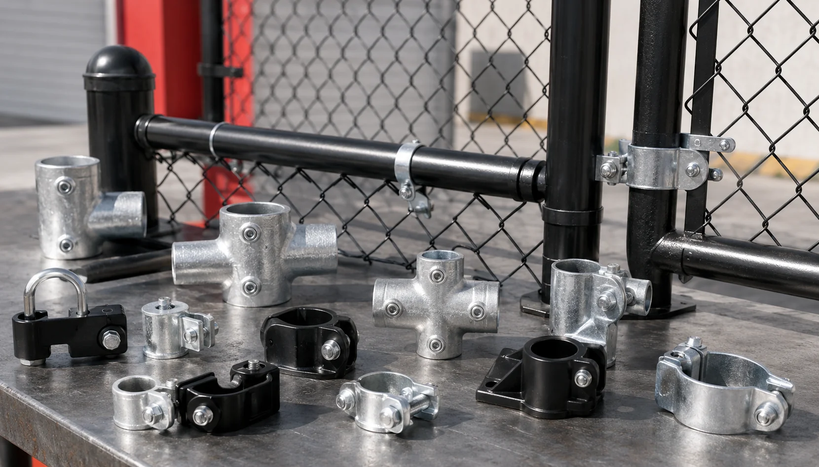 Commercial chainwire fence clamps, connectors, brackets, and fittings on display.