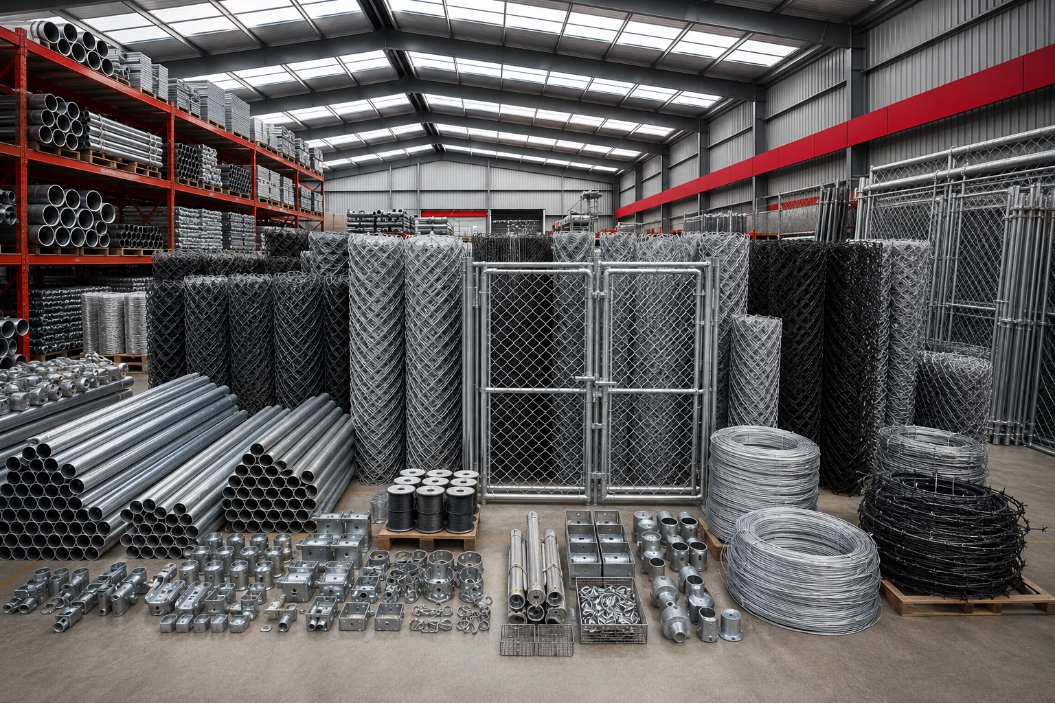 Warehouse stocked with rolls of chainwire mesh, gates, posts, and fencing accessories.