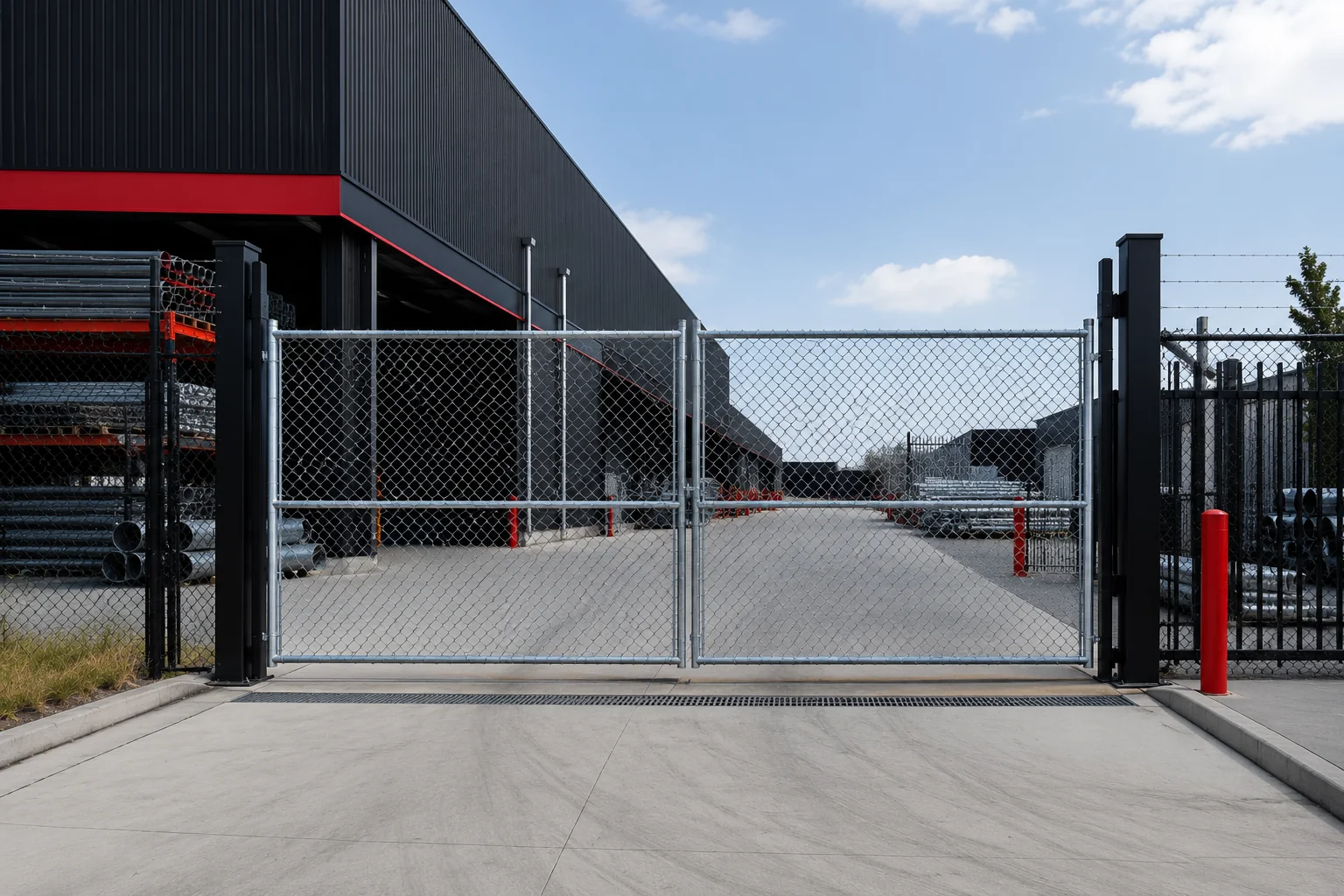 Galvanised chainwire sliding security gate at an industrial warehouse entrance.