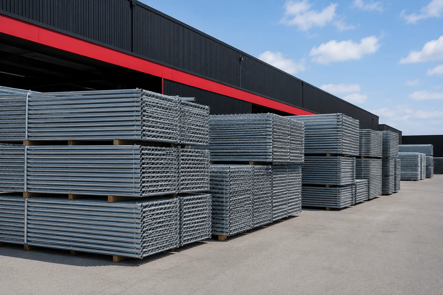Stacks of galvanised chainwire fence panels outside a commercial warehouse.