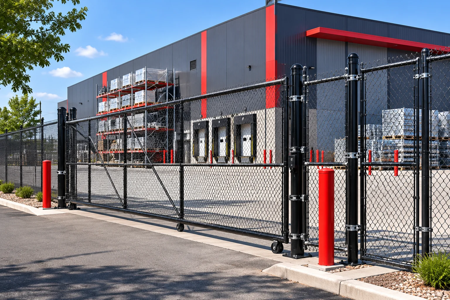 Black chainwire security fence protecting an industrial warehouse and loading dock.