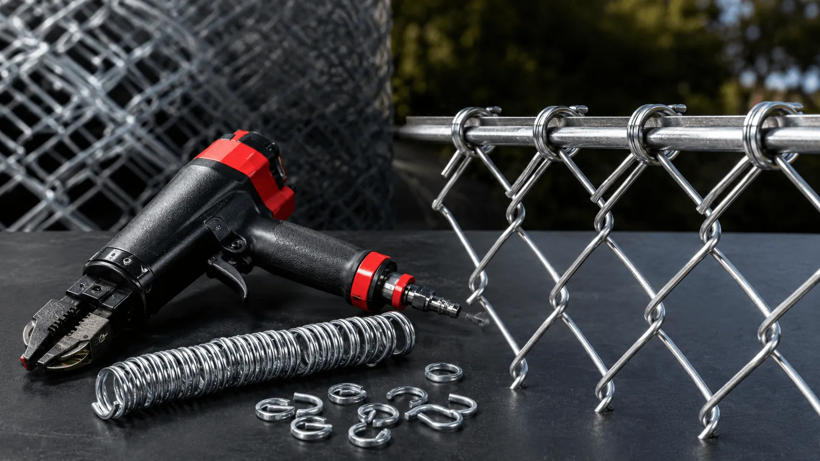Red-handled fencing tool beside galvanised clips used to secure chain link mesh.