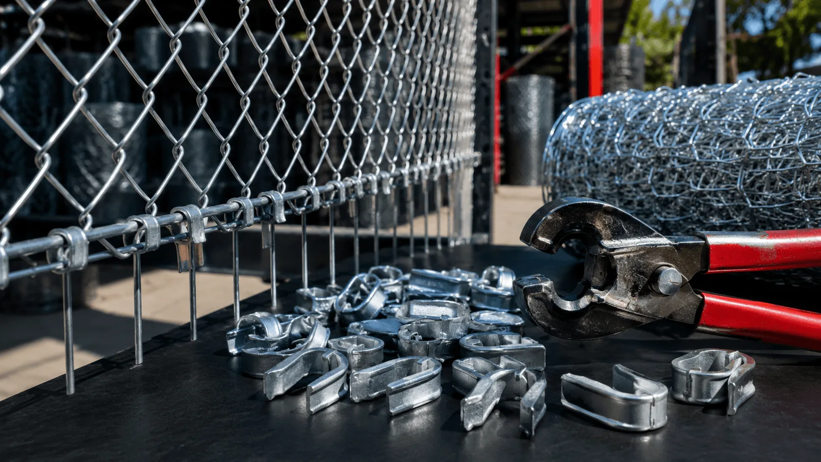 Pneumatic fastening tool with metal rings beside a section of chain link fencing.