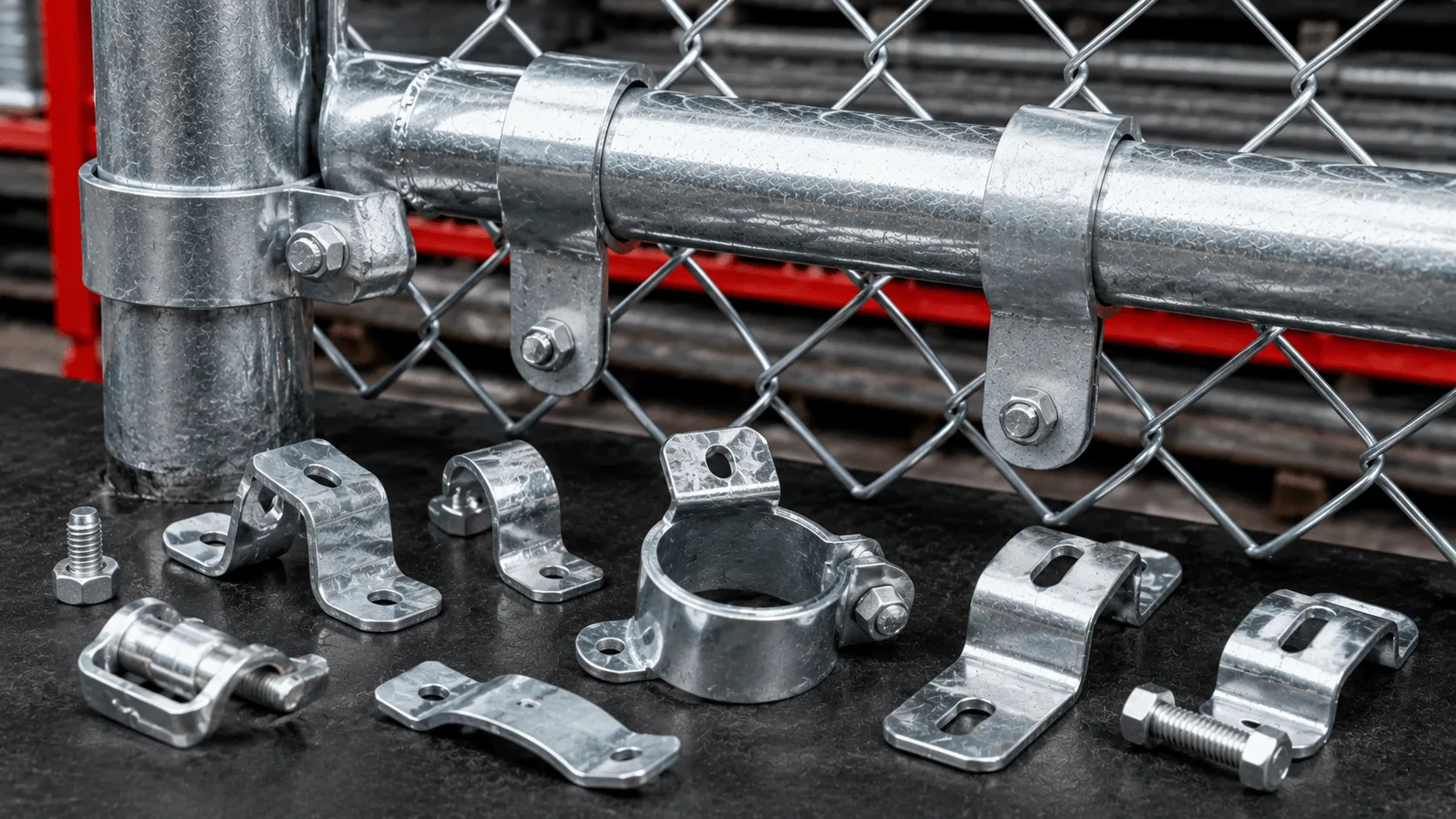 Galvanised chain link fence fittings, brackets and clamps displayed beside a fence rail and post.