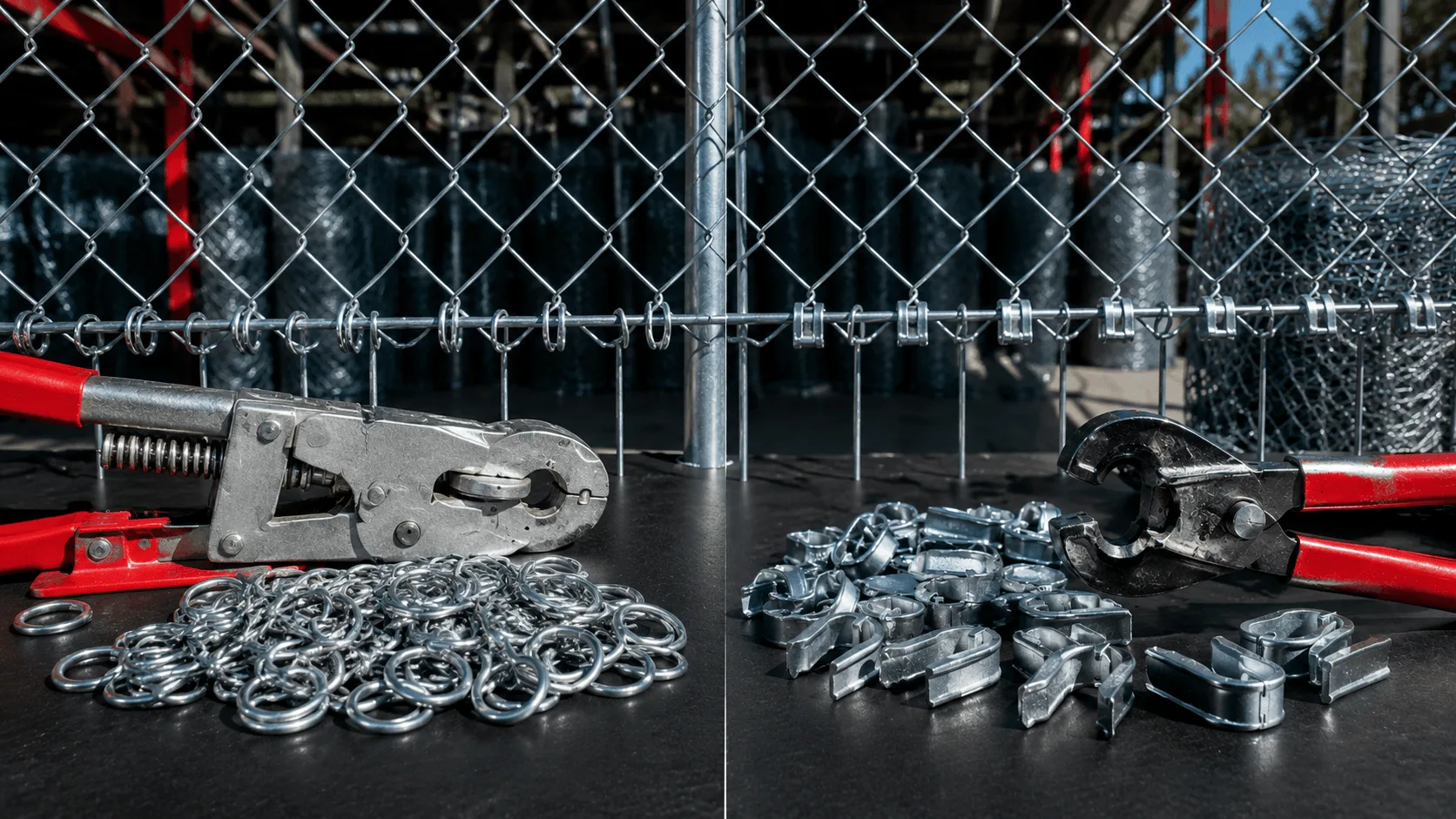 Fence installation tools with galvanised rings and clips beside chain link mesh.