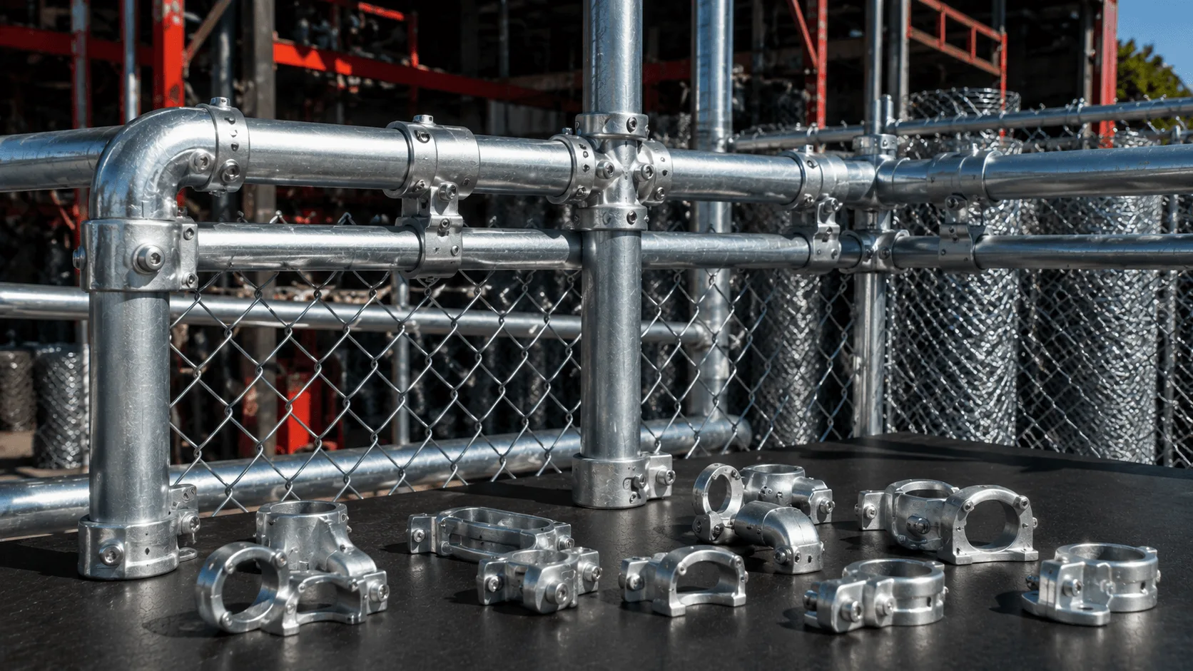 Galvanised pipe fittings and clamps displayed in front of an assembled chain link fence.