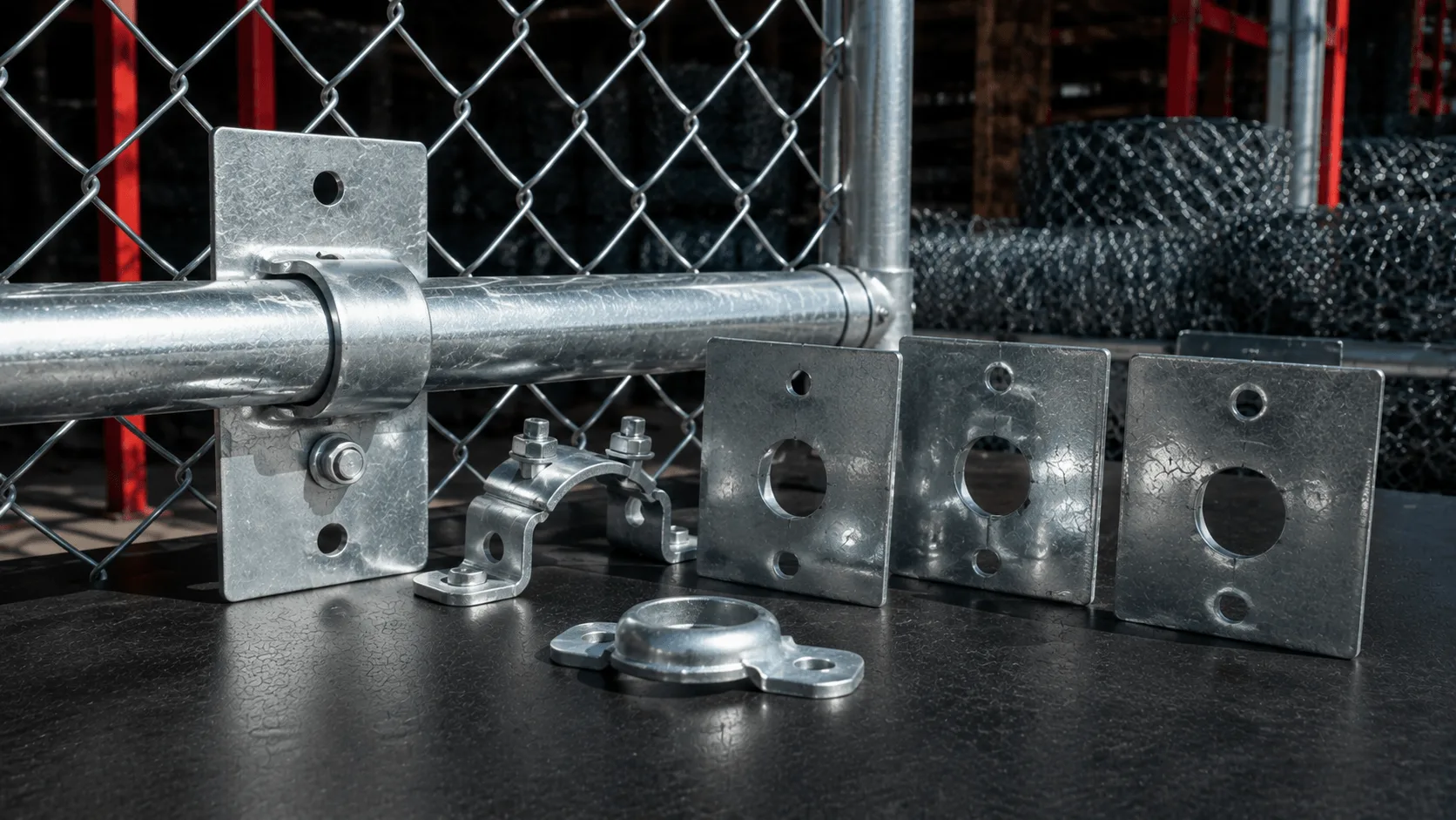 Galvanised rail brackets and mounting plates displayed with a chain link fence assembly.