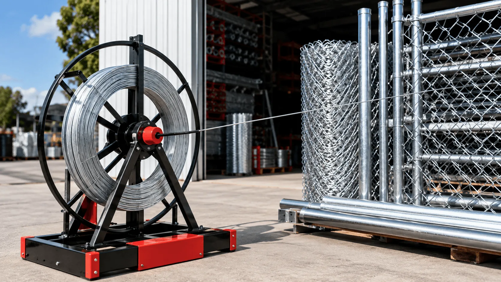 Coil of galvanised wire on a dispensing reel beside rolls of chain link fencing and fence posts.