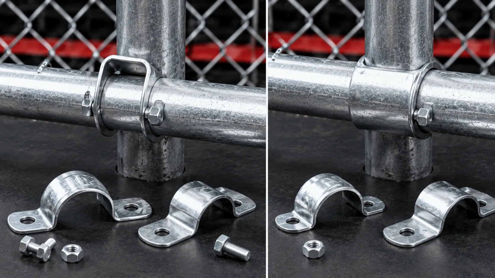 Two galvanised clamp configurations connecting horizontal fence rails to vertical posts.