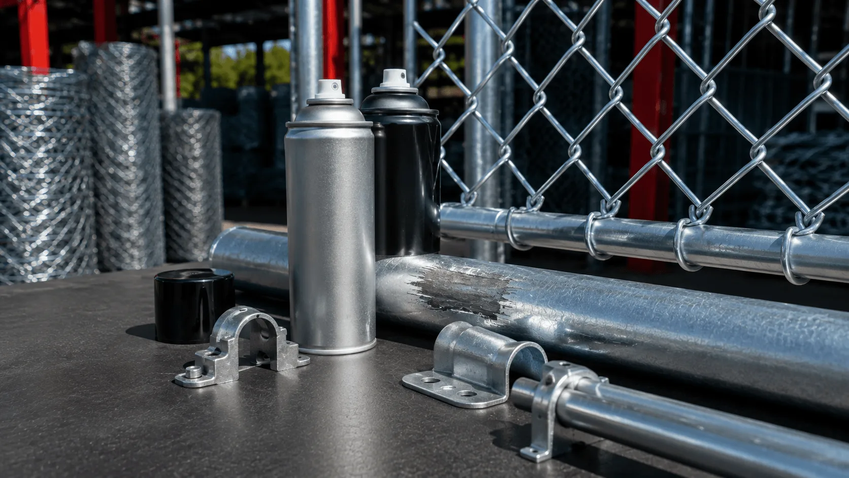 Silver and black spray cans beside galvanised fence pipes and mounting brackets.