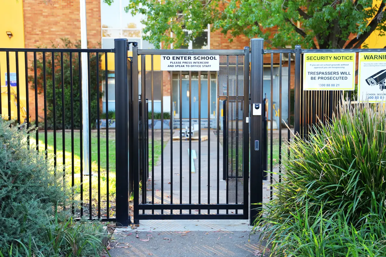 School perimeter with controlled pedestrian entry